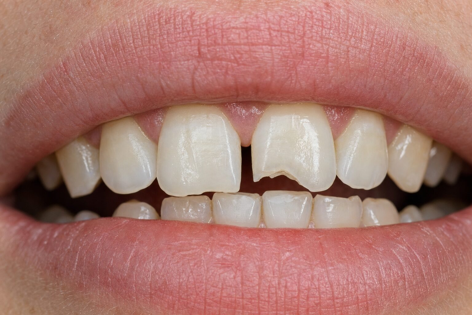 Before bonding and restoration — chipped front tooth