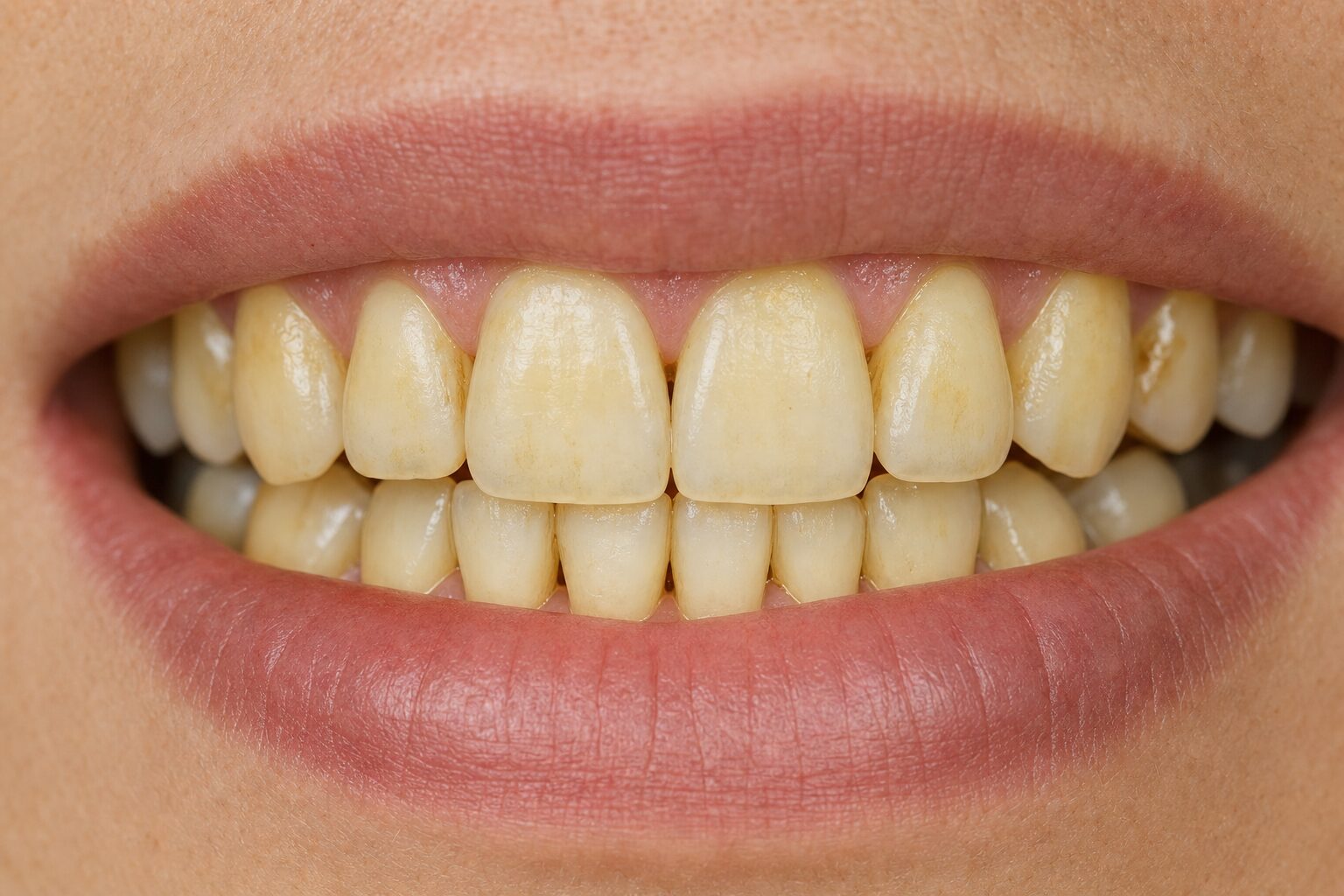 Before professional whitening — yellowed natural tooth shade