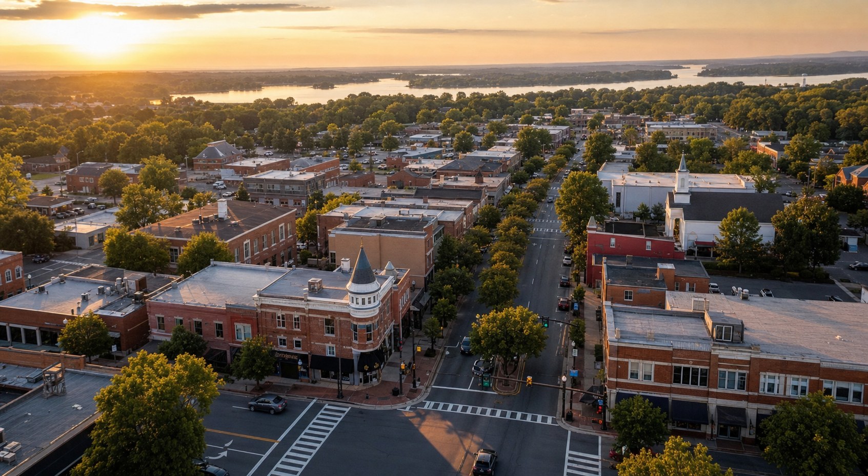 Aerial view of downtown Mooresville, NC at golden hour with Lake Norman in the distance