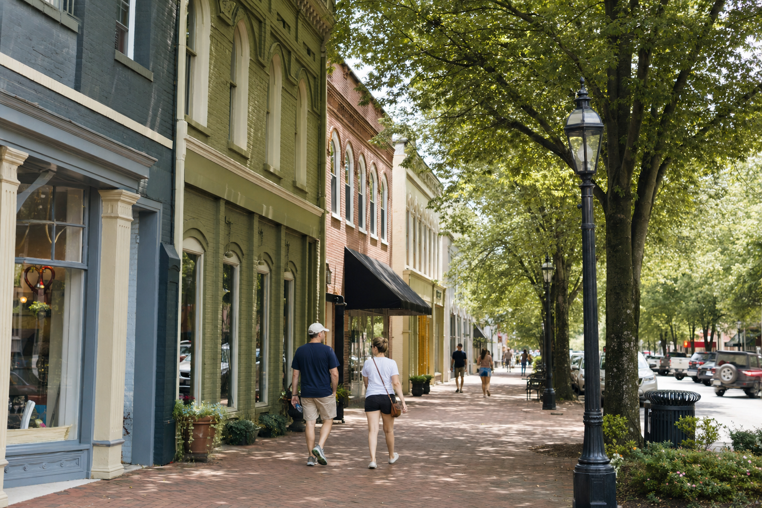 Walkable downtown street with brick storefronts and shade trees, evoking Davidson