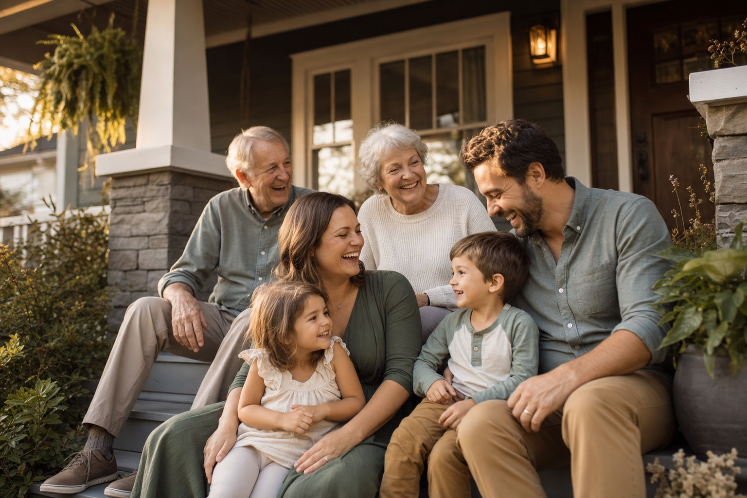 Multigenerational family laughing on a craftsman porch in small-town North Carolina
