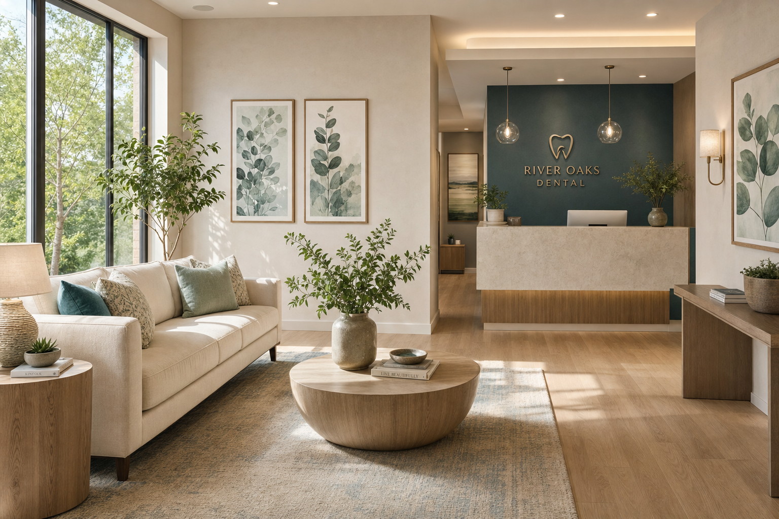 Warm, welcoming lobby with cream sofa, fresh greenery, and soft natural light