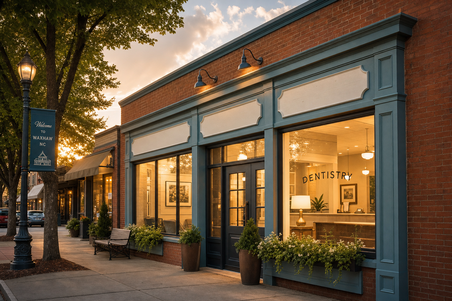 Warm brick storefront on a tree-lined Mooresville main street at golden hour