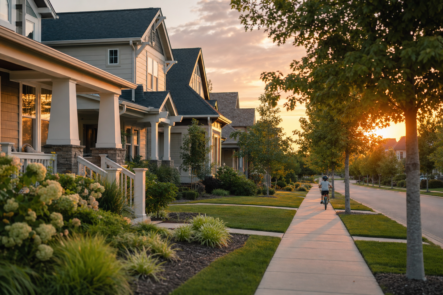 Family-friendly suburban street at golden hour, like neighborhoods in Huntersville