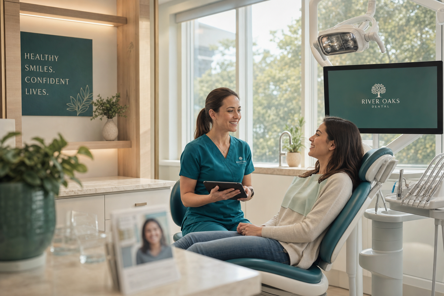 A calm dentist talks with a relieved patient seated in a treatment chair in a warmly lit Mooresville dental office.