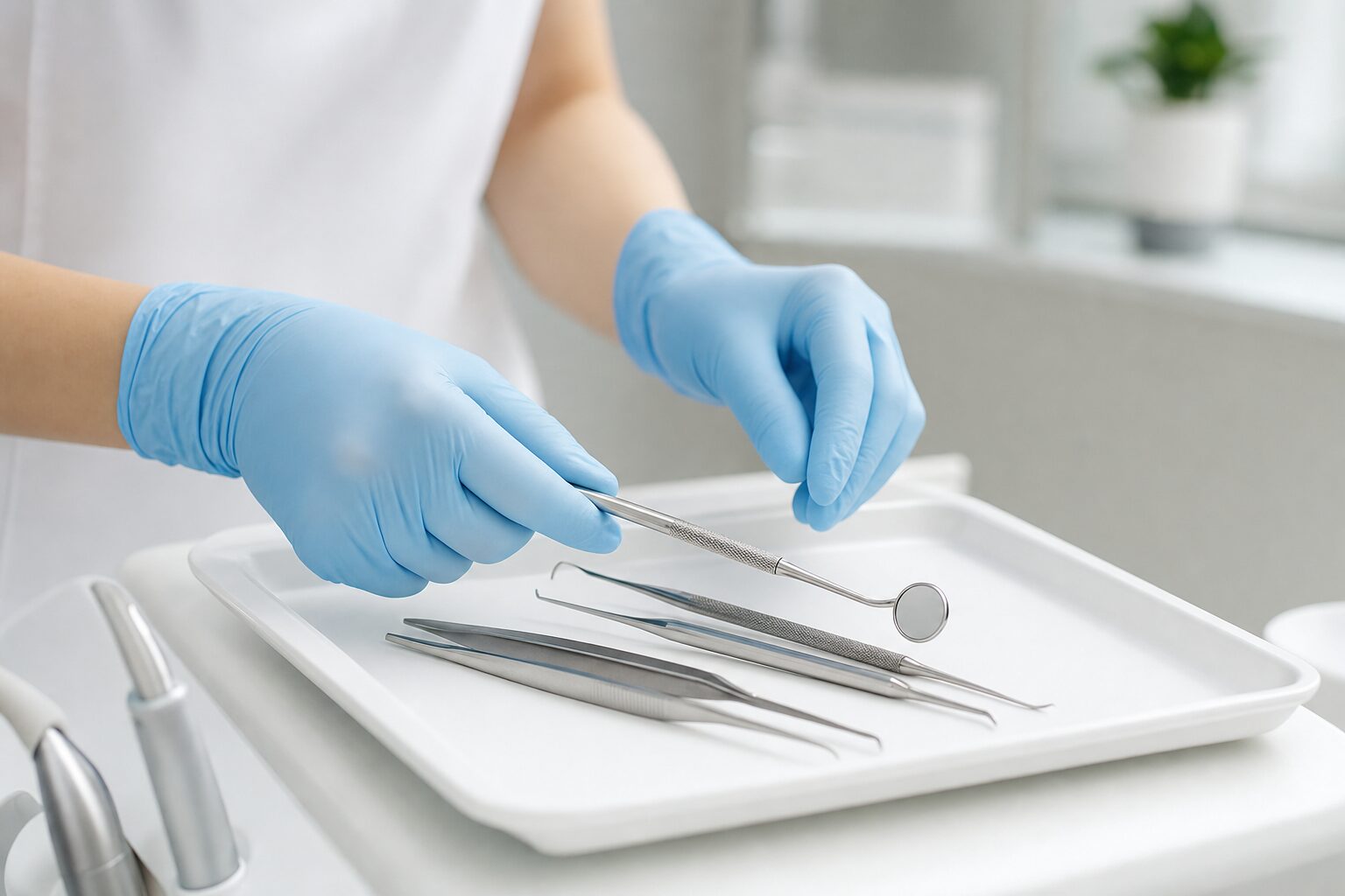 Sterile dental instruments on a clean tray